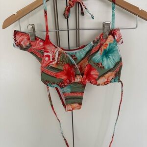 Floral Tie-Back Bikini Top and Bottom Set - Green & Coral